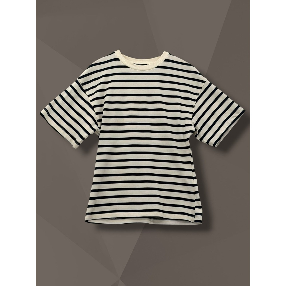 Zara Striped Boxy Crew Neck T-Shirt Cream Black Medium